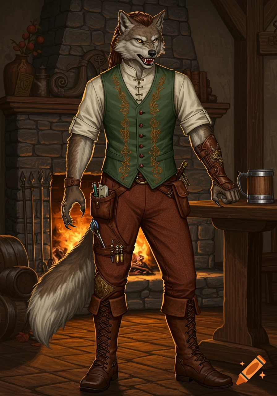 A fantasy illustration of a wolf-headed man in an embroidered green vest, brown pants, and boots, standing in a tavern by a fireplace.