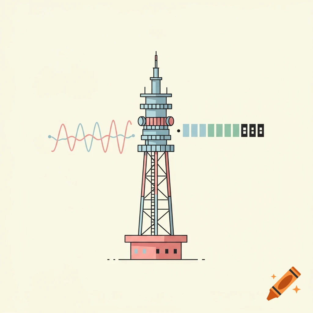 A flat vector illustration of a broadcast tower with wavy analog signals and blocky digital signals emanating from it on a light background.