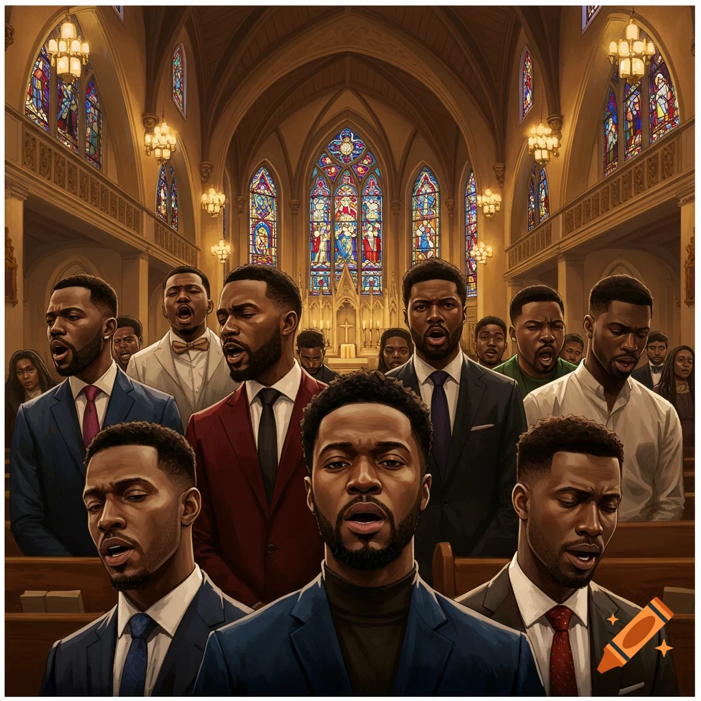 A group of Black men in suits singing in a church with stained glass windows.