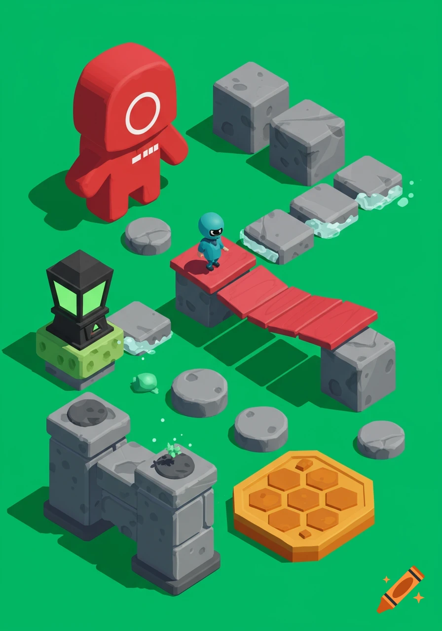 An isometric 3D game scene featuring a red Squid Game character, a blue character, and various gray blocks and bridges.