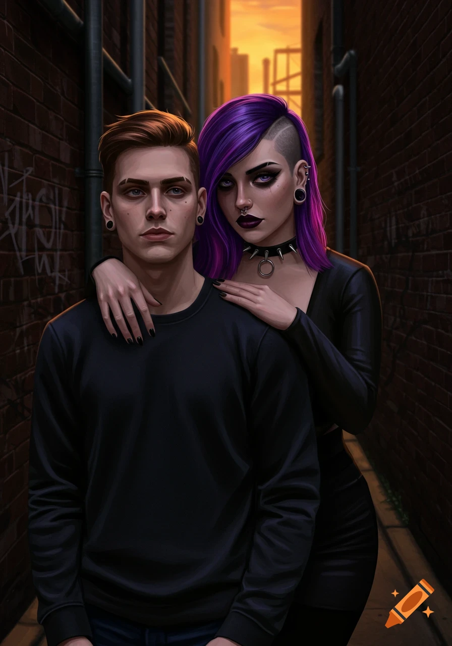 A man with brown hair and a woman with purple hair in an alleyway at dusk. The woman has a shaved head on one side and gothic makeup.