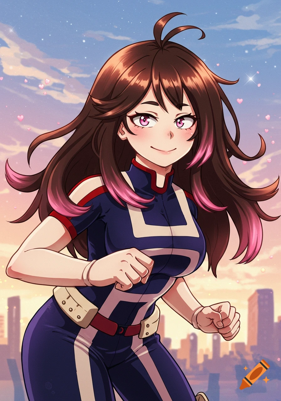 Smiling anime girl with brown hair and pink streaks, pink eyes, wearing a My Hero Academia uniform, running in a city with pink hearts in the sky.