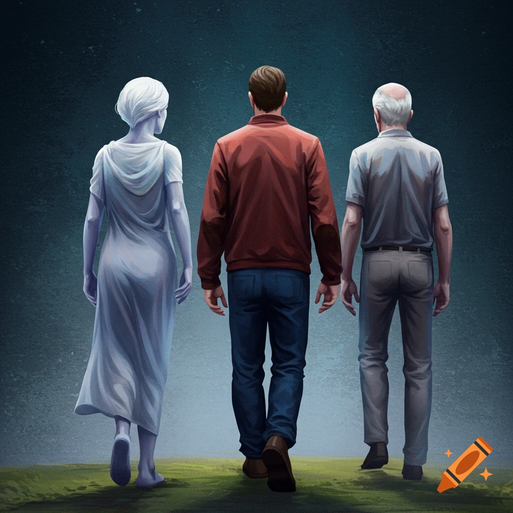 An illustration of a man walking away, flanked by a ghostly female figure on his left and an older male figure on his right, against a dark background.