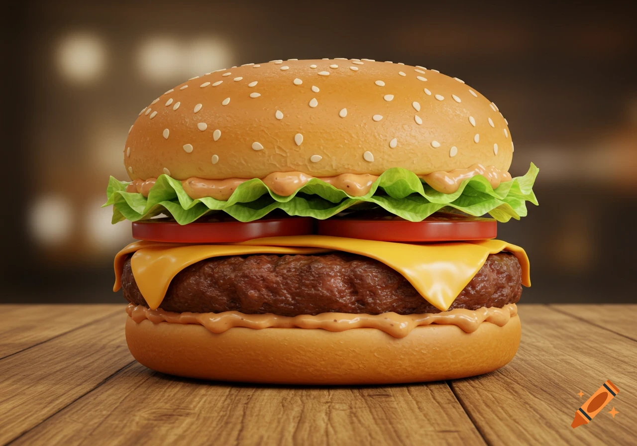 A photorealistic hamburger with sesame seed bun, lettuce, tomato, melted cheese, meat patty, and sauce on a wooden table.