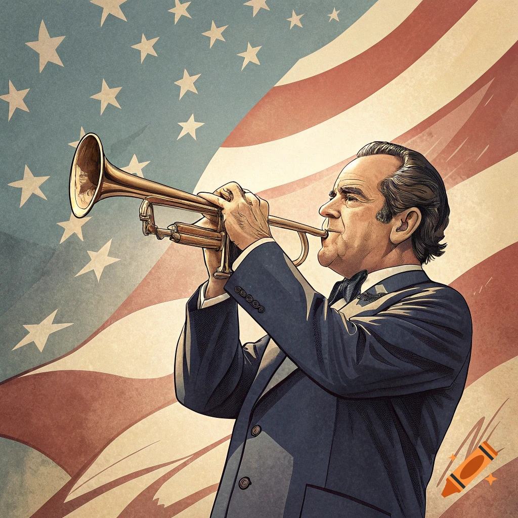 A man resembling Richard Nixon plays a trumpet in front of a waving American flag, in an illustrative style.