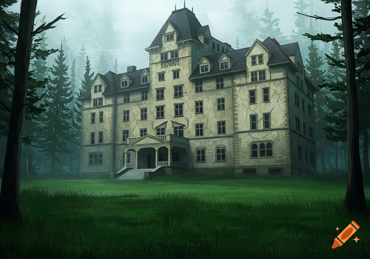 A large, old, eerie hotel with cracked walls stands in a foggy forest clearing with green grass.