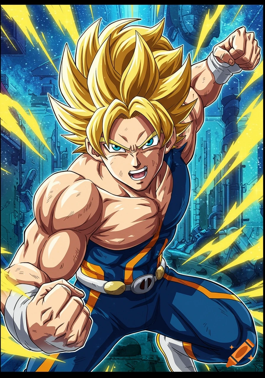 An anime character with spiky blonde hair, blue eyes, and muscular physique, wearing a blue and orange suit, charging up with yellow energy auras against a futuristic blue background.