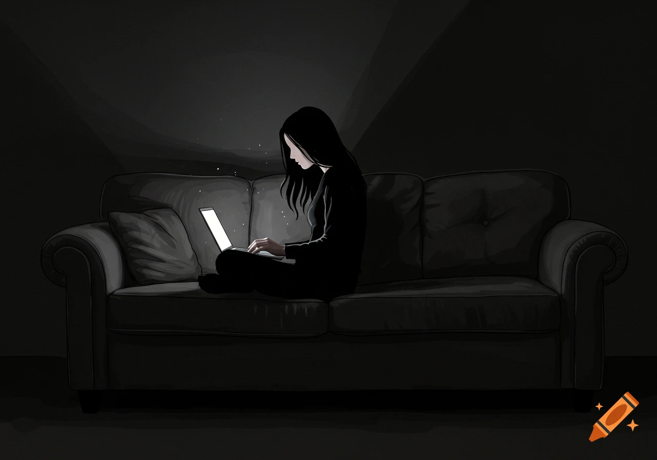 A digital illustration of a woman in silhouette, sitting on a couch and working on a glowing laptop in a dark room.