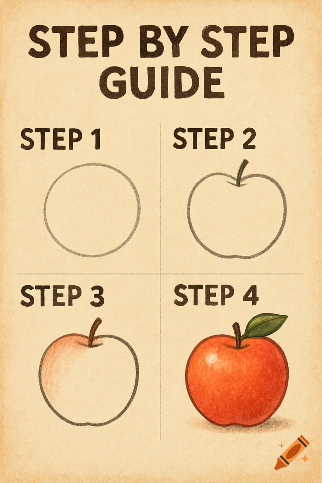 A step-by-step drawing guide showing how to draw a red apple, from a simple circle to a finished fruit, on a textured paper background.