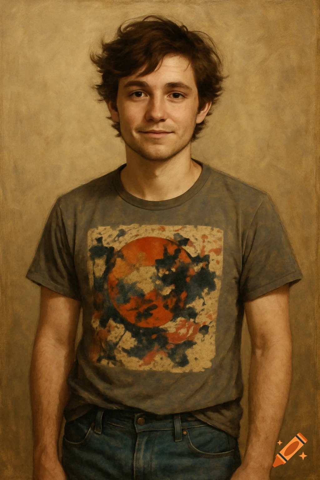 A realistic portrait of a young man with messy brown hair, wearing a gray t-shirt with an abstract design, and blue jeans, smiling slightly.