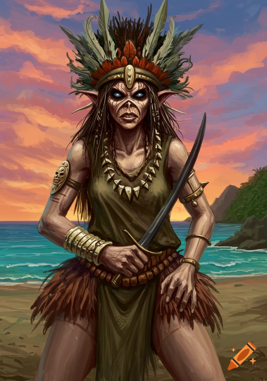 An aggressive island maiden with a feathered headdress, glowing eyes, and a dagger stands on a beach at sunset, in the style of Iron Maiden's Eddie.