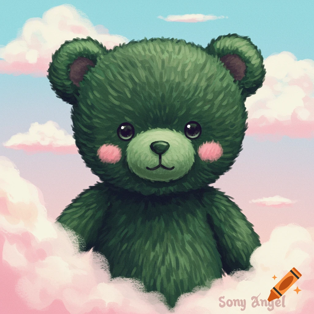 A fluffy green teddy bear with pink cheeks floats amongst soft pink and white clouds against a light blue sky.