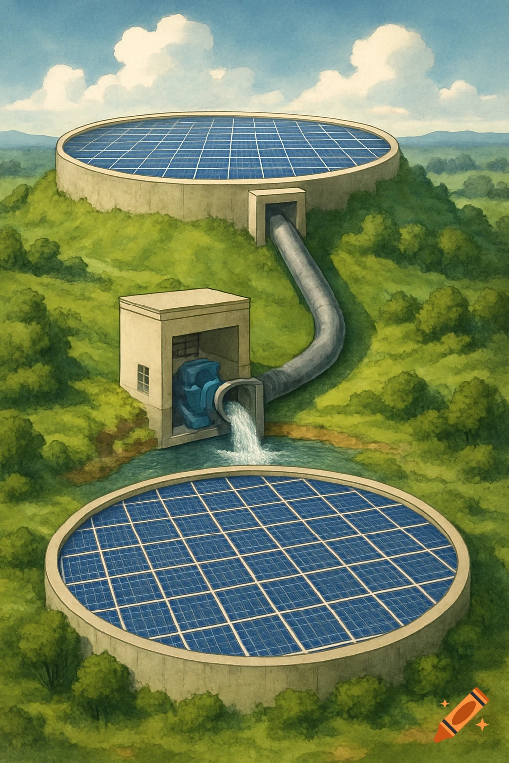 A watercolor painting of a closed-loop hydroelectric system with solar panels on two circular reservoirs in a green, hilly landscape.