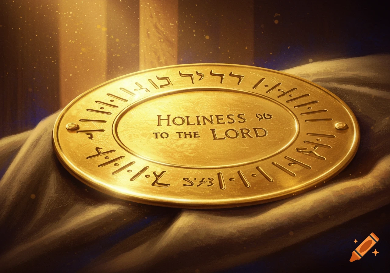 Golden oval plate with 'HOLINESS TO THE LORD' engraved, surrounded by ancient script, on a draped fabric surface with glowing light.