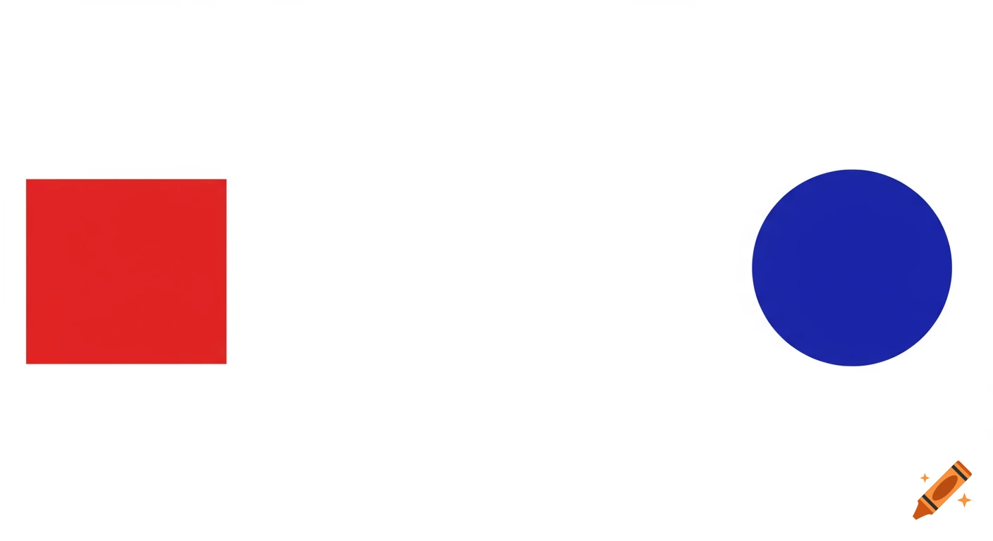 A solid red square on the left and a solid blue circle on the right on a white background.