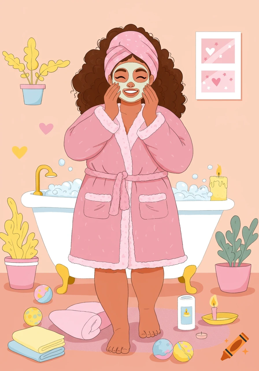 A cartoon illustration of a smiling woman with curly hair wearing a pink bathrobe and towel, applying a face mask in a cozy bathroom.