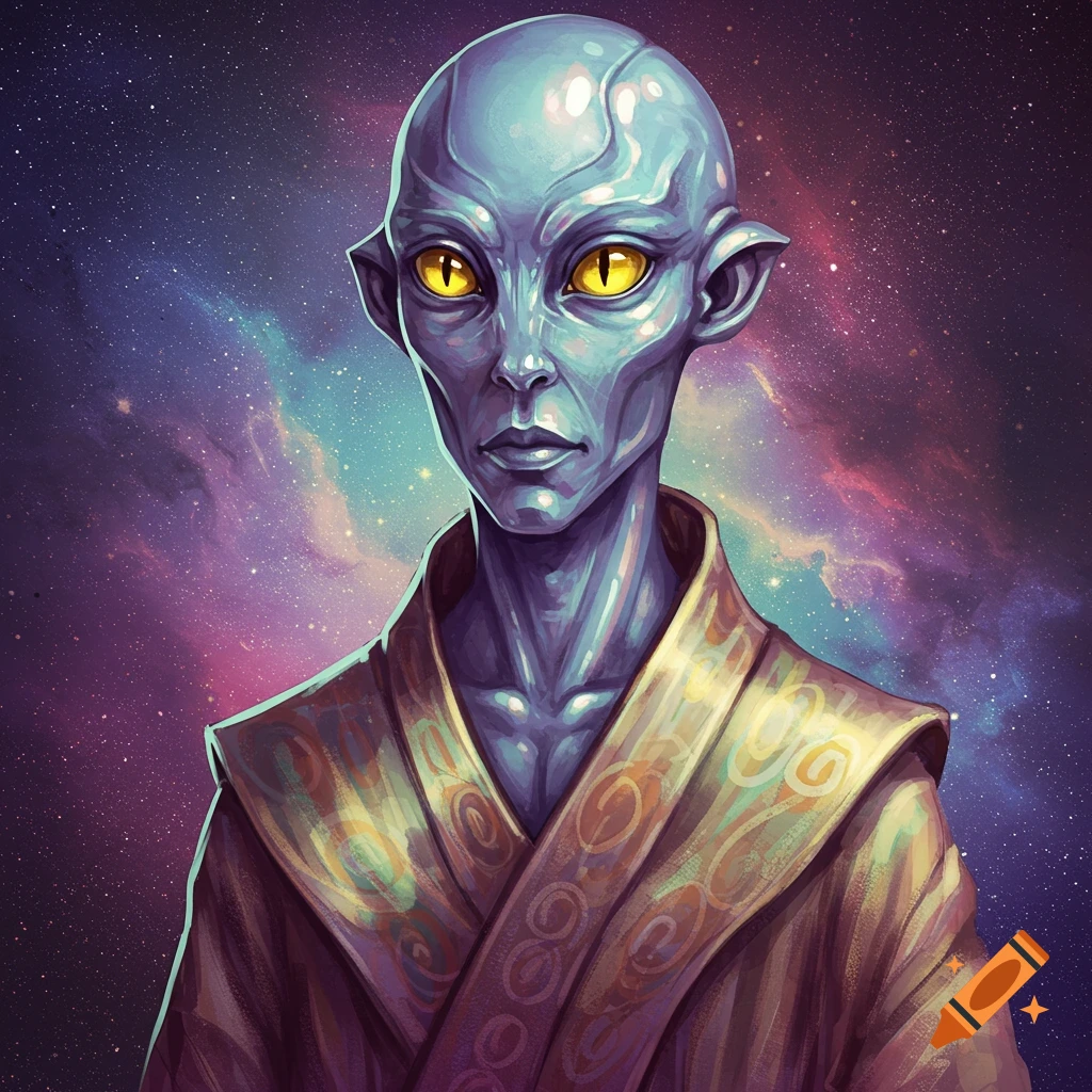 A detailed portrait of a blue-skinned alien with large yellow eyes and pointed ears, wearing an ornate patterned robe against a vibrant starry galaxy background.