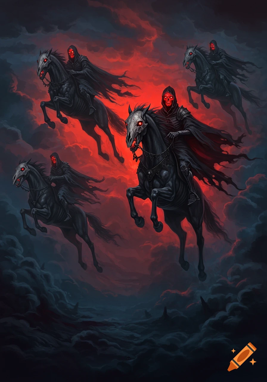 Four skeletal horsemen in black cloaks on skull-headed horses float through dark, stormy clouds against a fiery red sky, in a dark fantasy style.