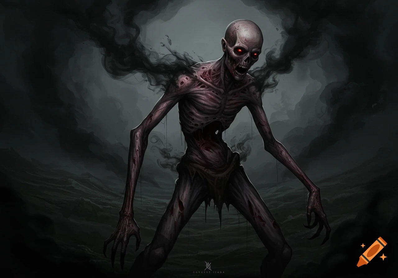 A skeletal zombie-like creature with glowing red eyes emerges from black smoke in a dark, desolate landscape.
