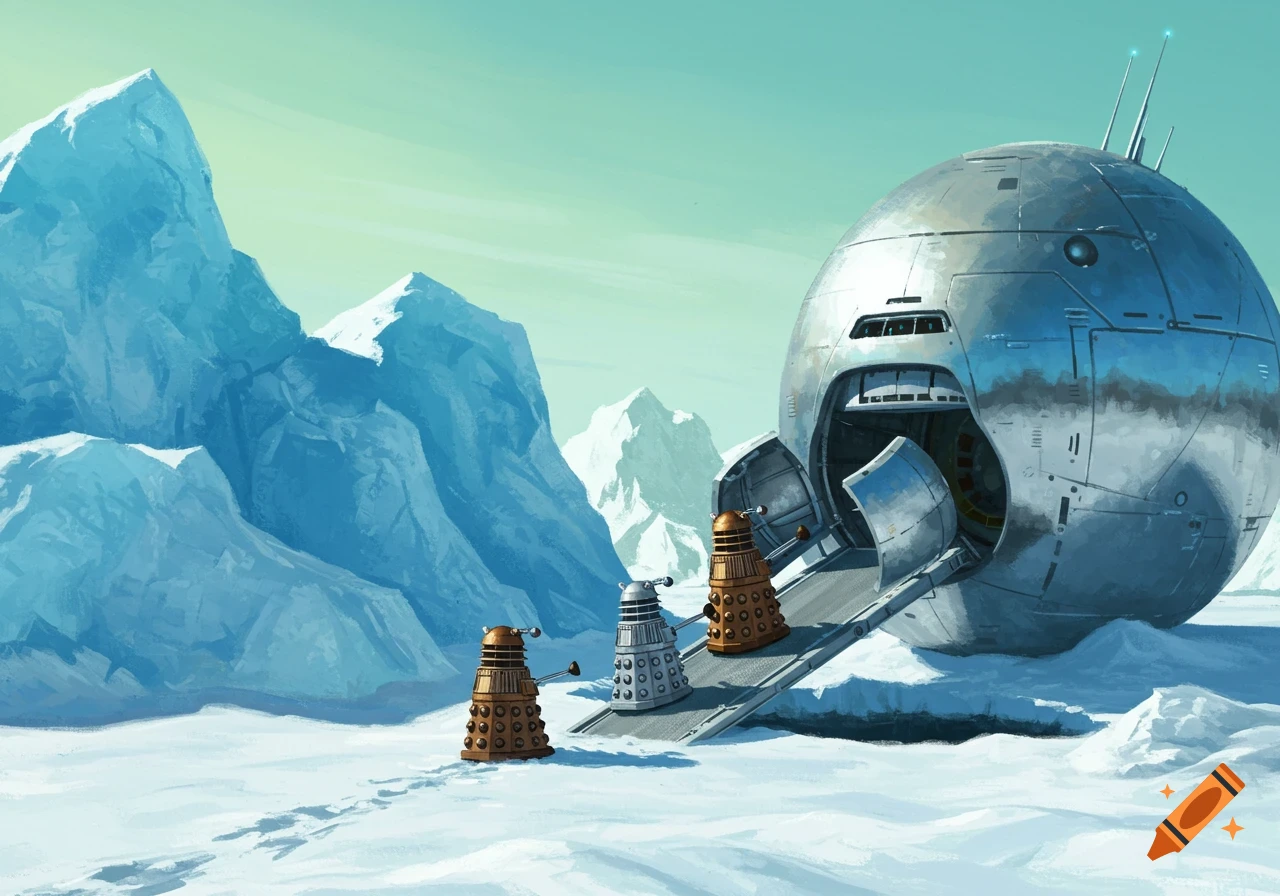 Three Daleks exit a spherical spaceship onto a snowy planet with blue icebergs under a green sky, digital painting.