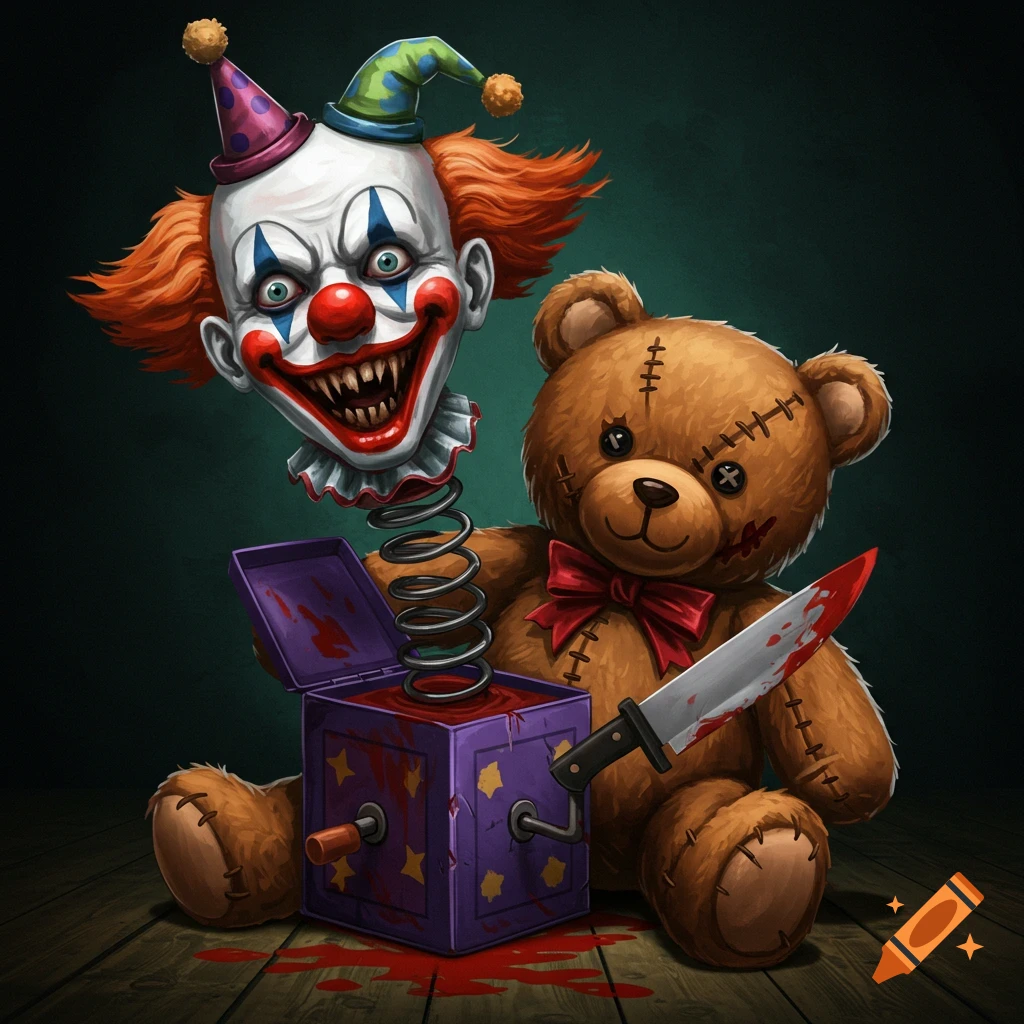 A creepy clown head emerges from a bloody jack-in-the-box, next to a teddy bear holding a blood-splattered knife.