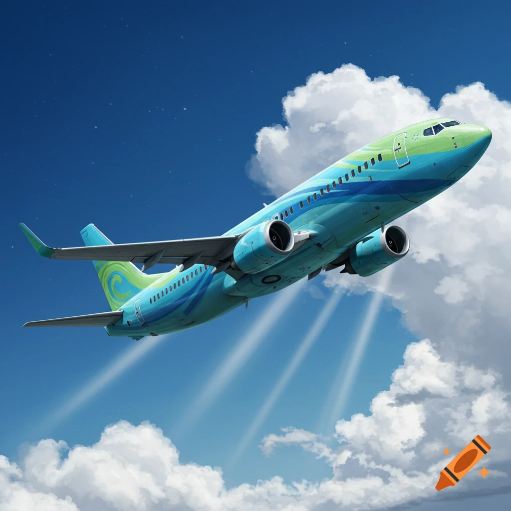 A photorealistic Boeing 737 airplane, painted with blue and green livery, flies through a bright blue sky filled with white clouds and sun rays.