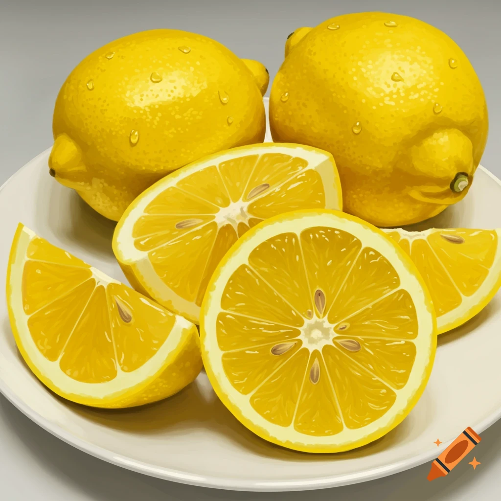 A plate of bright yellow lemons, some whole and some cut into slices, with water droplets on their skins.
