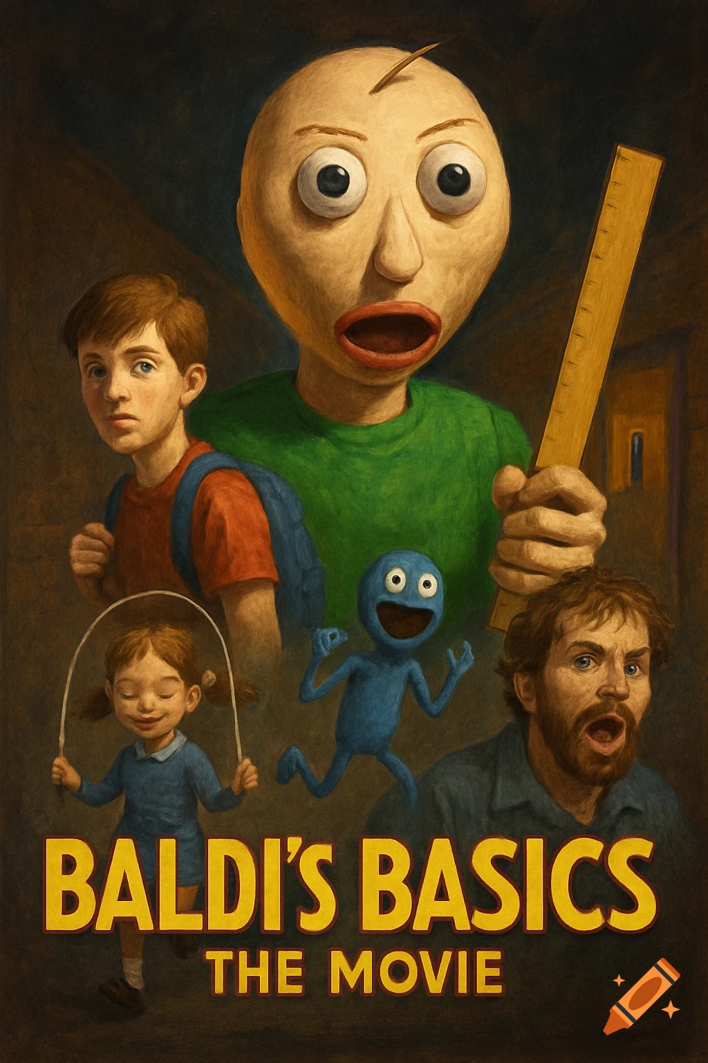A stylized movie poster for "Baldi's Basics: The Movie" featuring Baldi, a student, a girl jumping rope, a blue creature, and a bearded man.