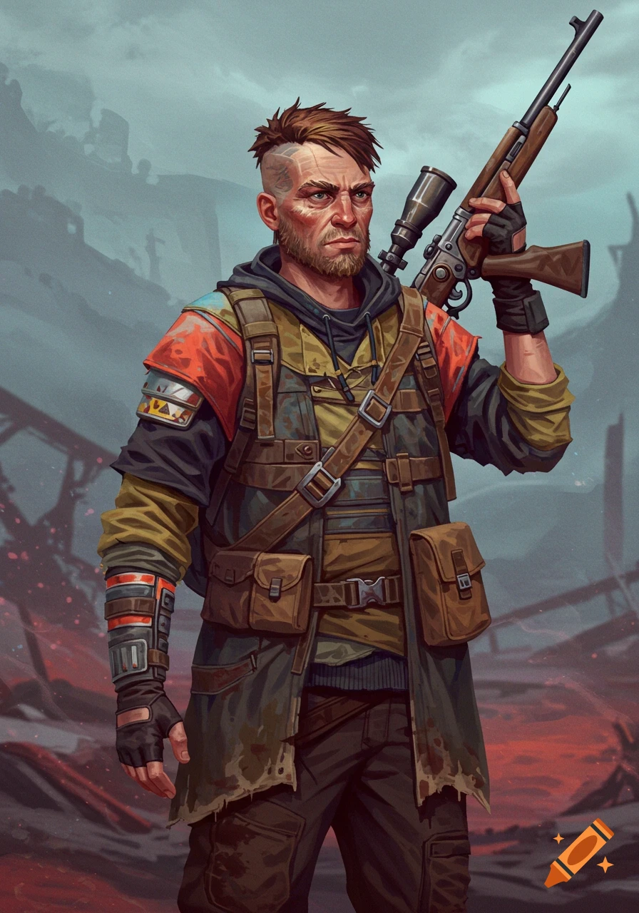 A rugged man with a beard and undercut, dressed in tactical gear and a worn coat, holds a rifle in a post-apocalyptic digital painting.