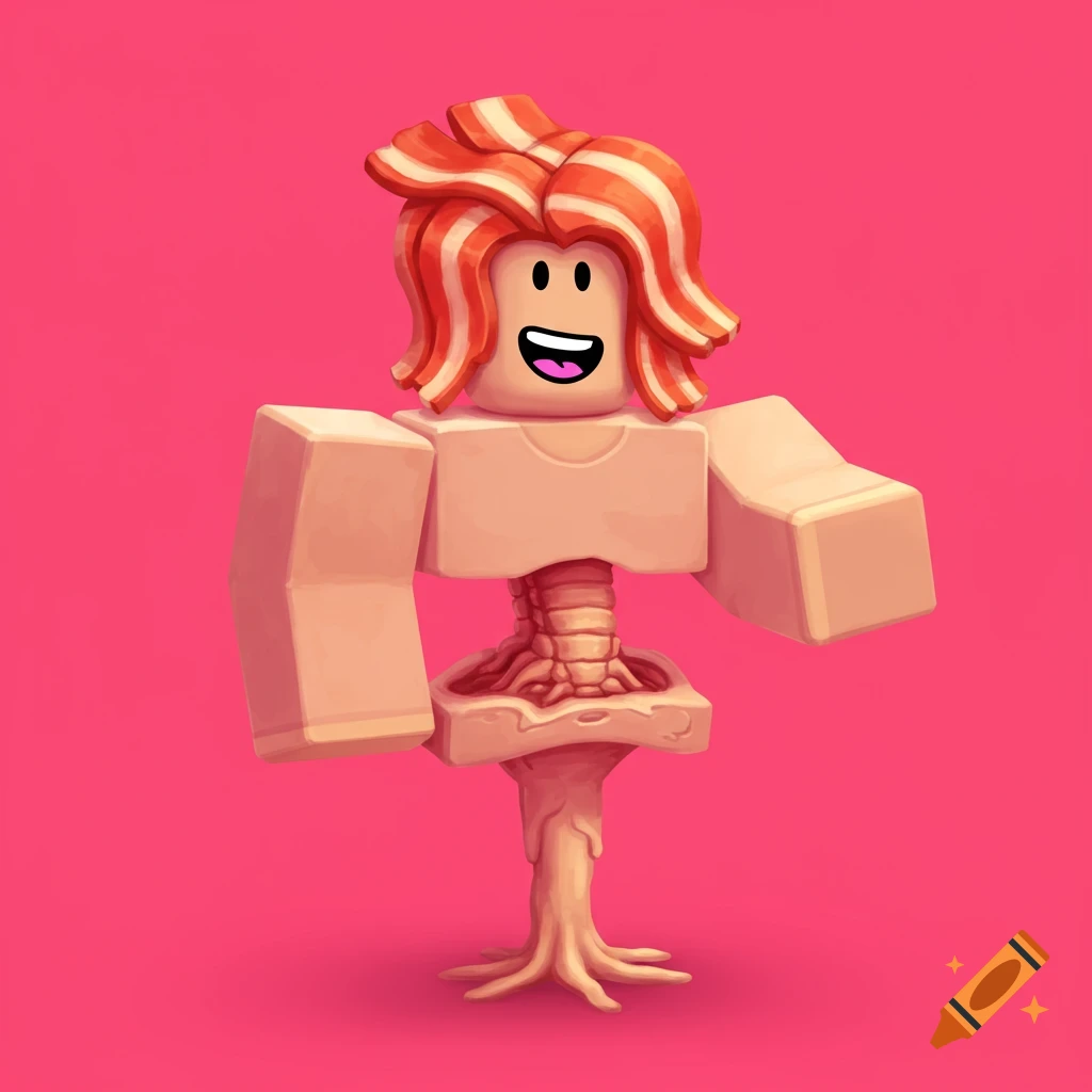 A stylized Roblox character with red and white striped hair, a standard block body, and a root-like structure extending from its torso down to form a leg, all set against a vibrant pink background.