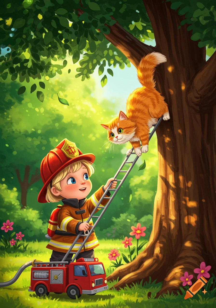 A cartoon blonde child dressed as a firefighter rescues an orange cat from a tall tree using a ladder, with a toy fire truck on the ground.