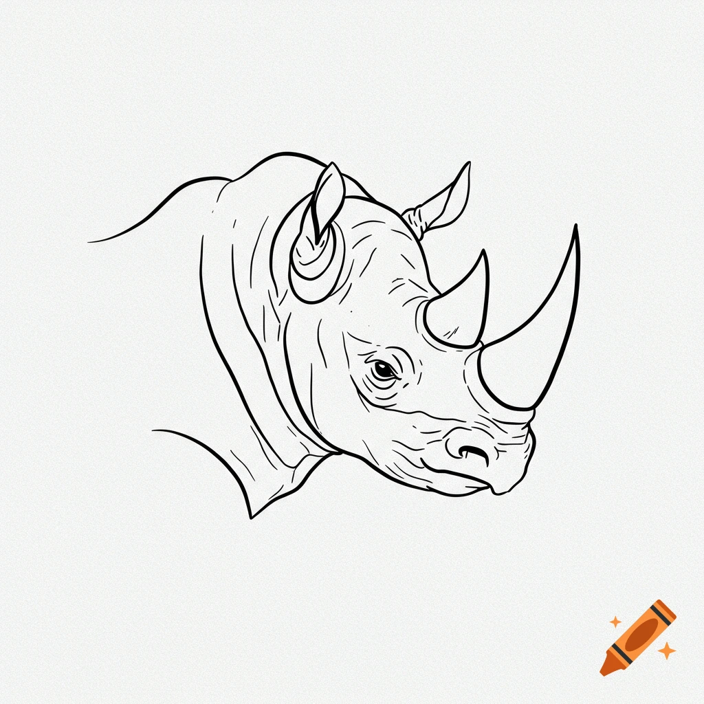 A simple minimalist black line drawing of a rhinoceros head in profile on a white background, resembling a ballpoint pen sketch.