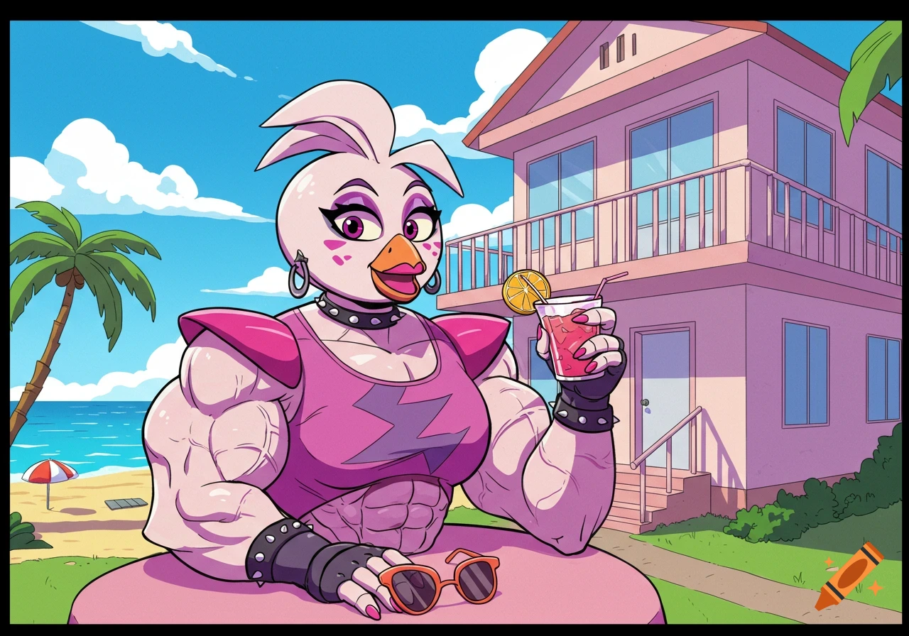 Stylized image of muscular Glamrock Chica on a beach with a house, holding a drink and wearing a pink tank top.