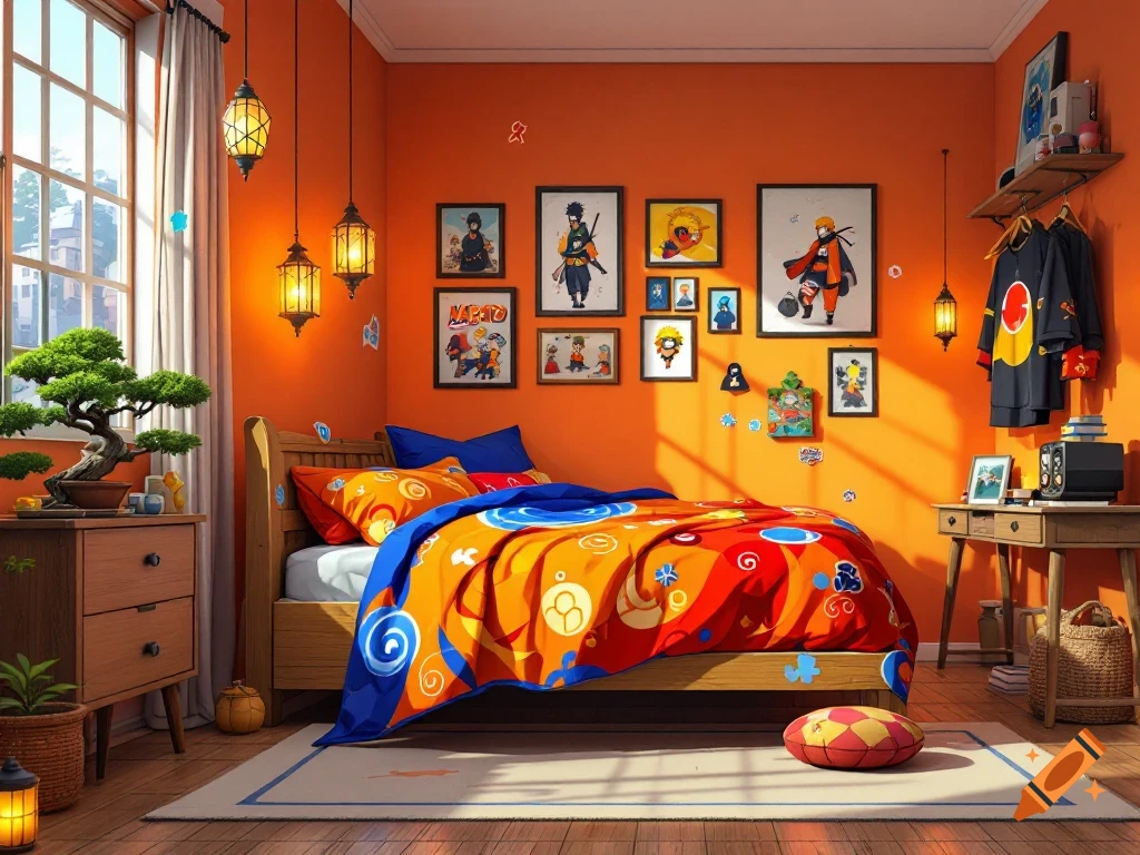 A cozy anime-style bedroom with orange walls, a wooden bed with orange and blue bedspread, Naruto posters, and a bonsai tree.
