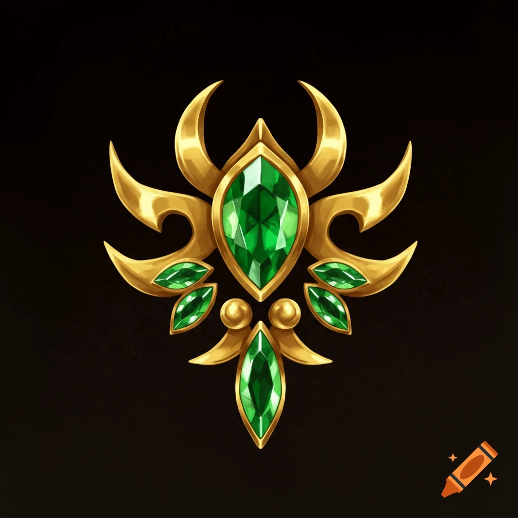 A golden fantasy crest with green emerald-like jewels on a dark background.