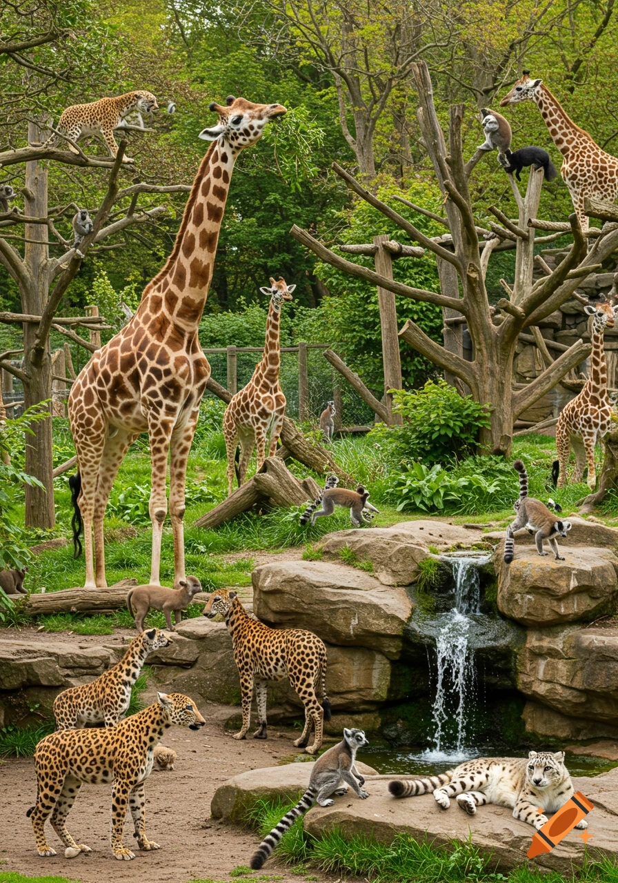 Photorealistic image of various animals including giraffes, leopards, lemurs, and a snow leopard coexisting in a lush zoo habitat with trees, rocks, and a small waterfall.