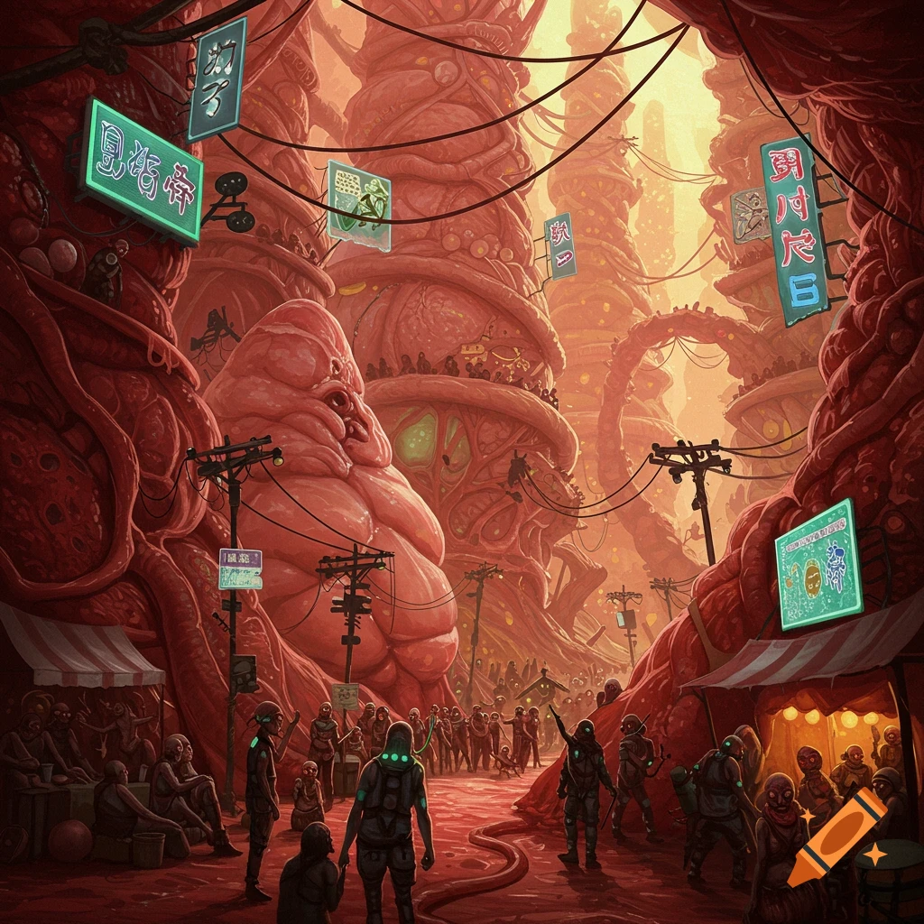 A dark, grotesque cityscape made of fleshy, organic structures, with neon signs, street lamps, and a crowd of armored figures.