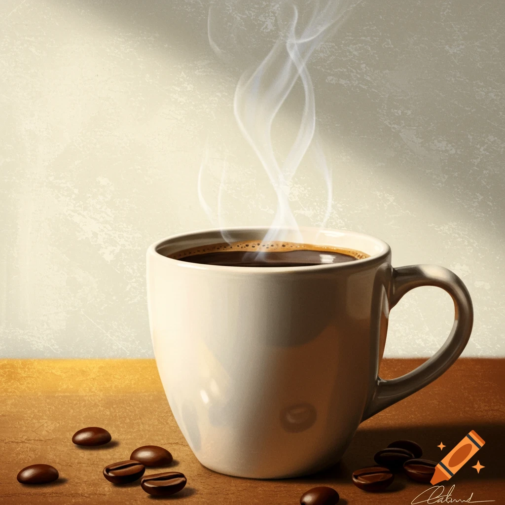 A steaming white coffee mug sits on a wooden surface with scattered coffee beans, set against a light textured background.