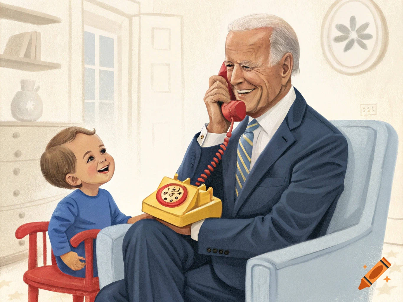 Illustration of Joe Biden smiling while holding a red phone to his ear, sitting next to a baby looking up at him, with a yellow toy phone in his lap.