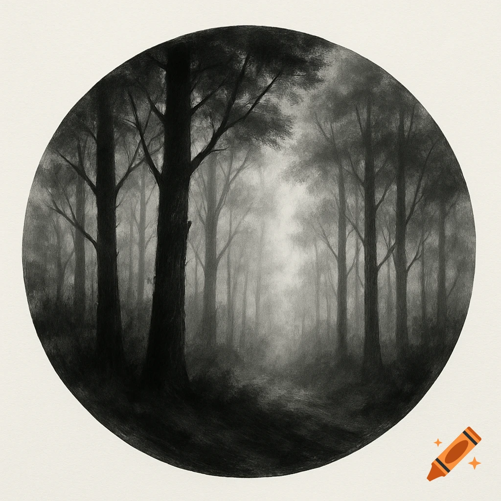 Black and white circular drawing of a foggy forest with tall, silhouetted trees.