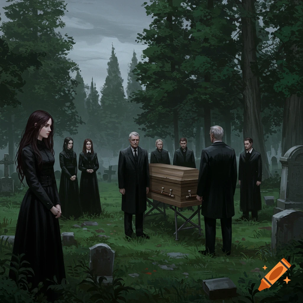 Somber illustration of people in black attire attending a funeral with a coffin in a dark, tree-filled cemetery.