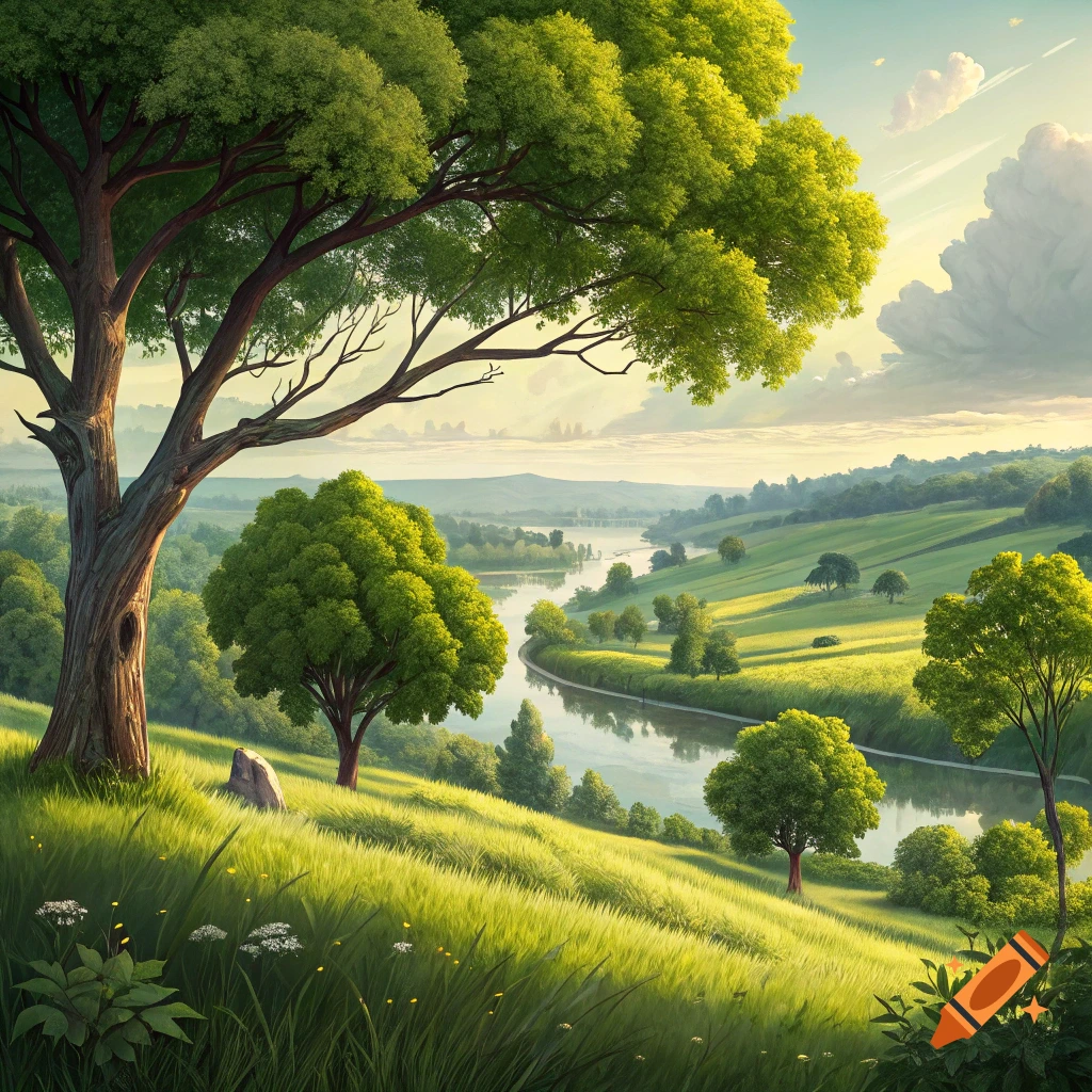 A vibrant landscape with rolling green hills, a winding river, and a large tree in the foreground under a bright sky.
