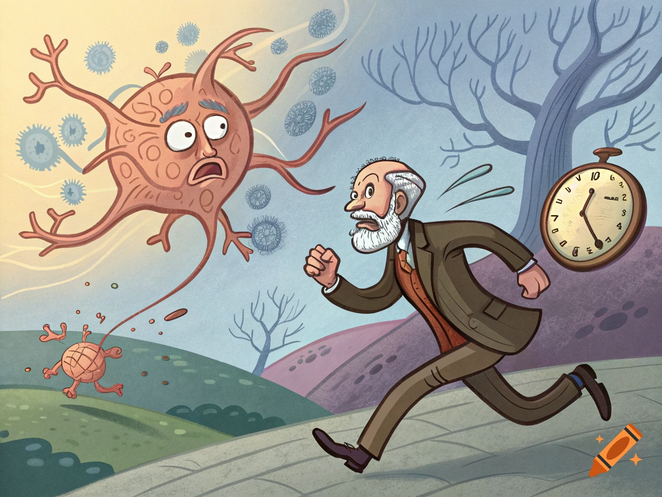 Cartoon Sigmund Freud runs from a giant neuron with a face in a surreal, dreamlike landscape with a melting clock.