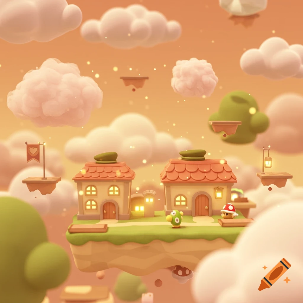 A whimsical 3D illustration of a vibrant world with floating islands, houses, and small characters under an orange sky with fluffy clouds.