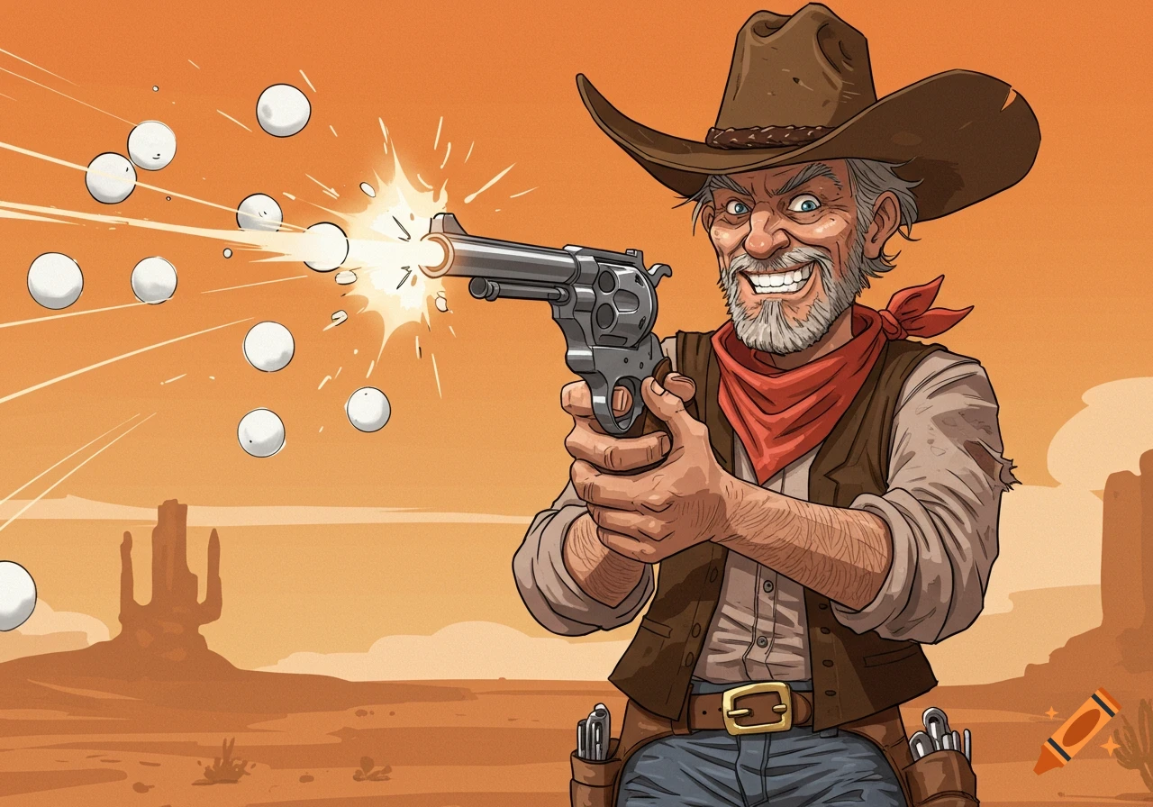 A cartoon-style cowboy in a desert aims a revolver, firing white spheres with a muzzle flash.