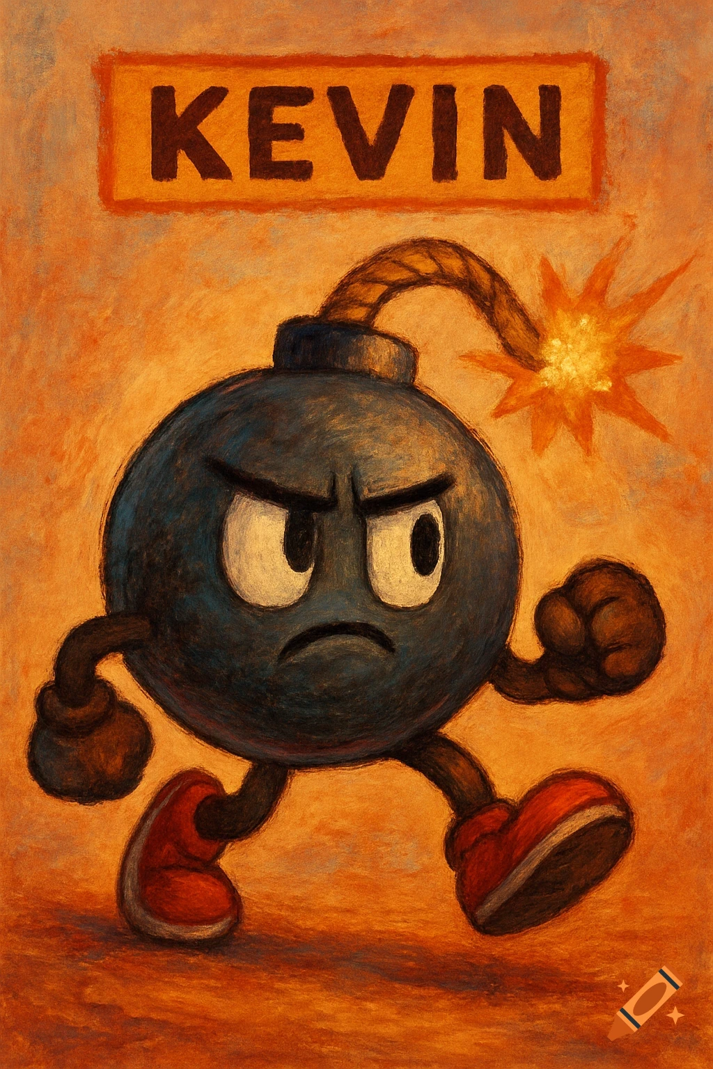 A painting of an angry cartoon bomb character with a lit fuse and red shoes, walking. The name KEVIN is in a box above its head.