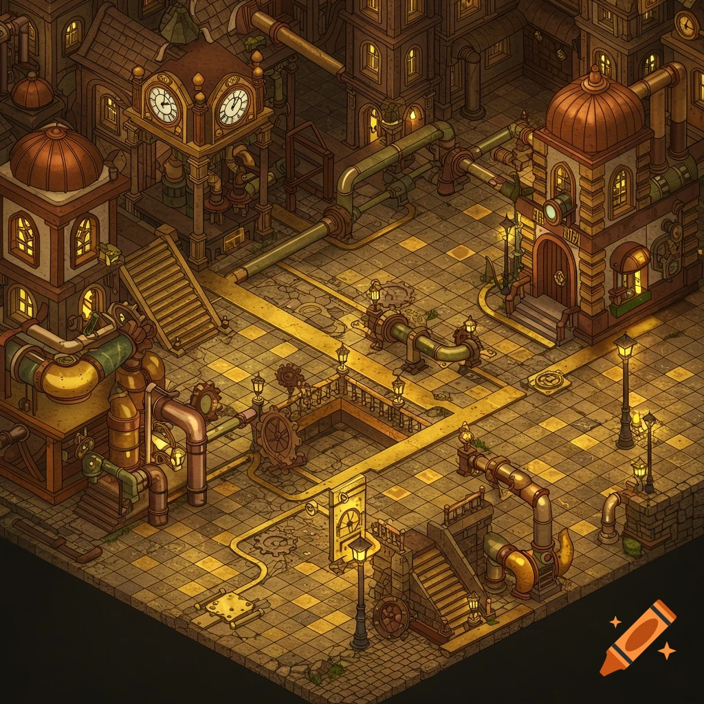 Isometric view of a detailed steampunk city with buildings, pipes, and cobblestone floor illuminated by golden light.