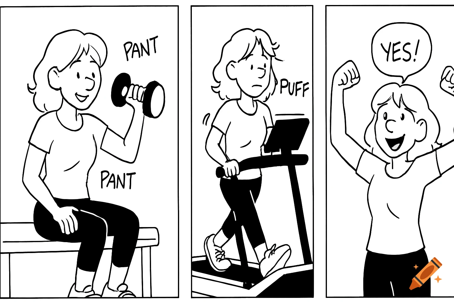 Black and white comic strip of a woman exercising: lifting weights, walking on a treadmill, and then celebrating her fitness.