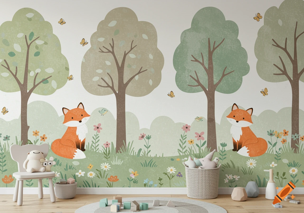 Whimsical nursery wall art depicting cartoon foxes, trees, flowers, and butterflies, with a chair and basket of toys.
