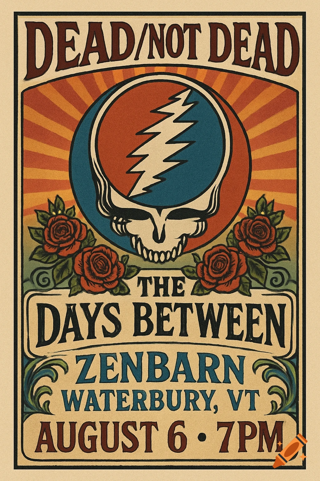 A vintage concert poster for "Dead / Not Dead" featuring a Grateful Dead skull logo, roses, and text for "The Days Between" at Zenbarn, Waterbury, VT, August 6, 7 PM.